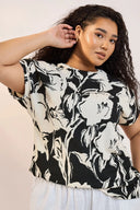 טישירט במידות גדולות צווארון עגול בד במרקם עם הדפס 304115