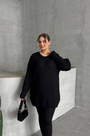 סוודר במידות גדולות שרוול ארוך צווארון עגול טריקו דק 302141