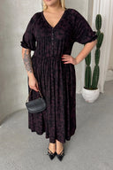 שמלה במידות גדולות שרוול קצר צווארון V עם כפתורים גומי במותן 303699