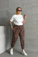 מכנסיים במידות גדולות גומי במותן גומי בשולי הקרסול עם הדפס עם כיסים 74-77