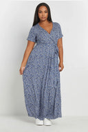 שמלה במידות גדולות צווארון V שרוול קצר קשירה בחזית מקסי 303506