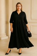 שמלה ארוכה במידות גדולות חצי שרוול צווארון V גומי במותן 302150
