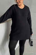 סוודר במידות גדולות שרוול ארוך צווארון עגול טריקו דק 302141