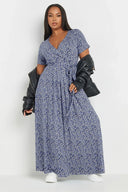 שמלה במידות גדולות צווארון V שרוול קצר קשירה בחזית מקסי 303506