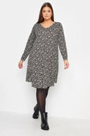 שמלה קצרה במידות גדולות שרוול ארוך צווארון V דוגמת פרחים 302740