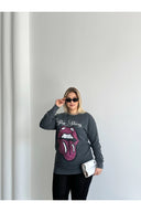 סווטשירט במידות גדולות צווארון עגול עם הדפס פרטי פאייטים מראה שטוף 301252