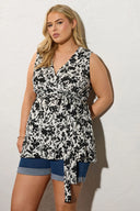 חולצה במידות גדולות צווארון V חולצה ללא שרוולים קשירה קדמית עם הדפס 322682