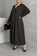 שמלה ארוכה במידות גדולות שרוול ארוך צווארון V בד במרקם מתרחבת 322182
