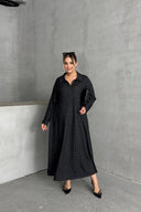 שמלה  ארוכה במידות גדולות שרוול ארוך צווארון V בד במרקם מתרחבת 322181