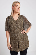 חולצה במידות גדולות צווארון V שרוולים טול עם הדפס נמר 321823