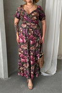 שמלה במידות גדולות שרוול קצר צווארון פרינסס דוגמת פרחים מקסי 74-80