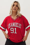 טישירט במידות גדולות צווארון V שרוול קצר עם הדפס רשת 303494