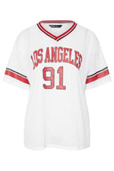 טישירט במידות גדולות צווארון V שרוול קצר עם הדפס רשת 303495