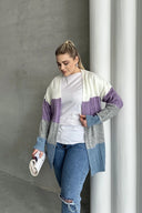 קרדיגן במידות גדולות שרוול ארוך ללא סגירה בחזית בלוקים צבעוניים 302148