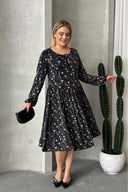 שמלה במידות גדולות שרוול ארוך פרטי קשירה עם הדפס 100-73