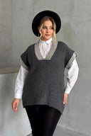 סוודר במידות גדולות צווארון V שרוול קצר טריקו 302138