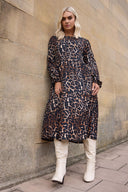 שמלה במידות גדולות שרוול בלון דוגמת נמר צווארון עגול 270014