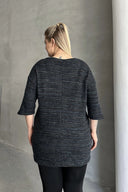 סוודר במידות גדולות חצי שרוול צווארון עגול פרטי כפתורים בד פסים 303691&nbsp;