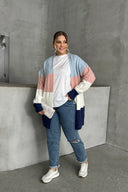 קרדיגן במידות גדולות שרוול ארוך ללא סגירה בחזית בלוקים צבעוניים 302147