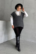 סוודר במידות גדולות צווארון V שרוול קצר טריקו 302138