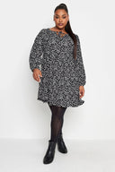 שמלה במידות גדולות דוגמת פרחים קצרה שרוול ארוך פרטי קשירה בצווארון 302750