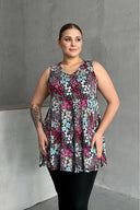 חולצה במידות גדולות צווארון V חולצה ללא שרוולים דוגמת פרחים 302261