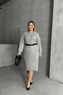 שמלה במידות גדולות צווארון V שרוול ארוך סרוגה 302335