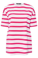 טישירט במידות גדולות צווארון עגול קצר דוגמת פסים שסעים בצדדים 303945