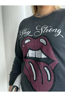 סווטשירט במידות גדולות צווארון עגול עם הדפס פרטי פאייטים מראה שטוף 301252