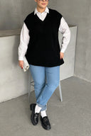 סוודר במידות גדולות צווארון V שרוול קצר טריקו 302134