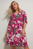 שמלה במידות גדולות צווארון V שרוול קצר דוגמת פרחים מיני 304079