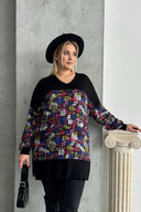 חולצה במידות גדולות שרוול ארוך צווארון V שסעים בצדדים עם הדפס חולצה 89-45