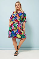 שמלה במידות גדולות צווארון V דוגמת פרחים מיני 304070