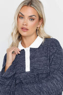 סוודר במידות גדולות צווארון קלאסי שרוול ארוך בד במרקם 285043