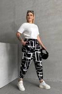 מכנסיים במידות גדולות גומי במותן גומי בשולי הקרסול עם הדפס עם כיסים 98-4