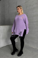 סוודר במידות גדולות שרוול ארוך צווארון עגול פרטי קרעים T-3