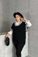 סוודר במידות גדולות צווארון V שרוול קצר טריקו 302139