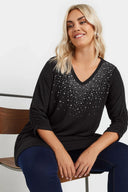 חולצה במידות גדולות צווארון V מעוטרת באבנים שרוולים מכווצים 322223