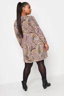 שמלה קצרה  במידות גדולות צווארון V שרוול ארוך דוגמת פרחים 302735