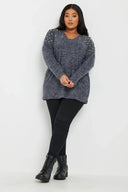 סוודר במידות גדולות צווארון V שרוול ארוך כתף מעוטרת באבנים 322302