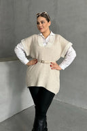 סוודר במידות גדולות צווארון V שרוול קצר טריקו 302137