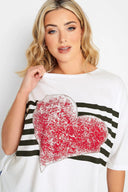 טישירט במידות גדולות דוגמת לב שסעים בצדדים חצי שרוול צווארון עגול 320964