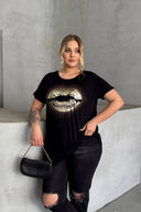 טישירט במידות גדולות שרוול קצר צווארון עגול מעוטרת באבנים 302264