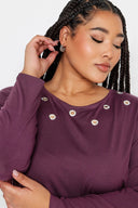 חולצה במידות גדולות פרטי עינית מתכת צווארון עגול שרוול ארוך אוברסייז 321291