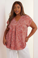 טישירט במידות גדולות שרוול קצר צווארון V דוגמת פרחים 322657