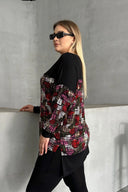 חולצה במידות גדולות לייקרה צווארון V שרוול ארוך עם הדפס 303363