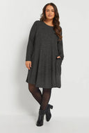 שמלה במידות גדולות מתרחב שרוול ארוך צווארון עגול עם כיסים 270083