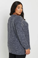 סוודר במידות גדולות צווארון V שרוול ארוך כתף מעוטרת באבנים 322302