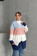 קרדיגן במידות גדולות שרוול ארוך ללא סגירה בחזית בלוקים צבעוניים 302147