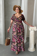 שמלה במידות גדולות שרוול קצר צווארון פרינסס דוגמת פרחים מקסי 74-80